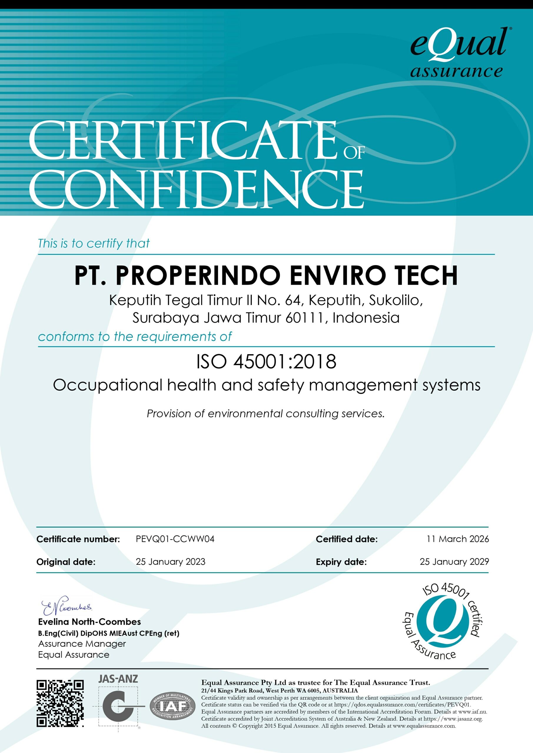 PEVQ01-CCWW04 Certificate of Confidence 45001-2018
